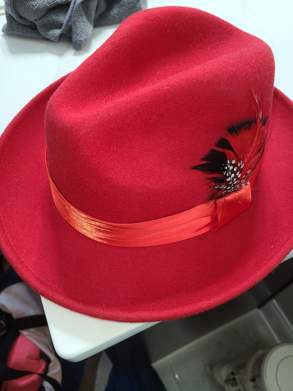 Red 100% Wool Fedora Hat with Satin Band and Feather Accent